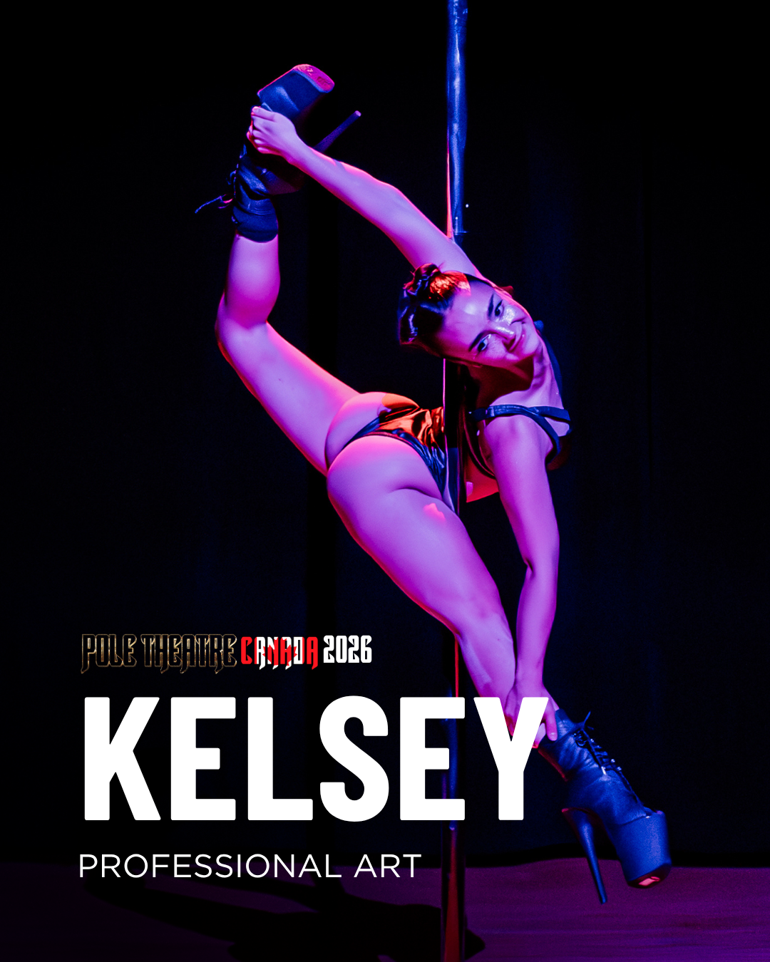 Kelsey is a former ballet dancer who began pole at the CEAPAC studio in Edmonton in 2023. During her time as a ballet dancer, daily barre practice was essential, but also tedious and repetitive, and her mind would often wander elsewhere. Tonight, she