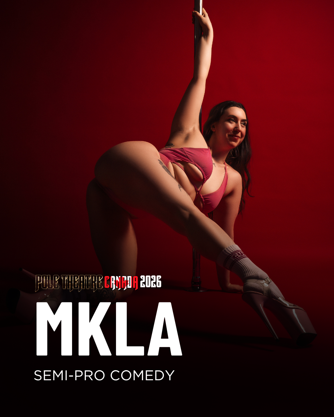 MKLA is coming to us from Ottawa where she has taught pole for the past 6 years. She values fun, learning and teaching safe progressions in her classes and values silliness and playfulness in her performances. She started her performance journey in b