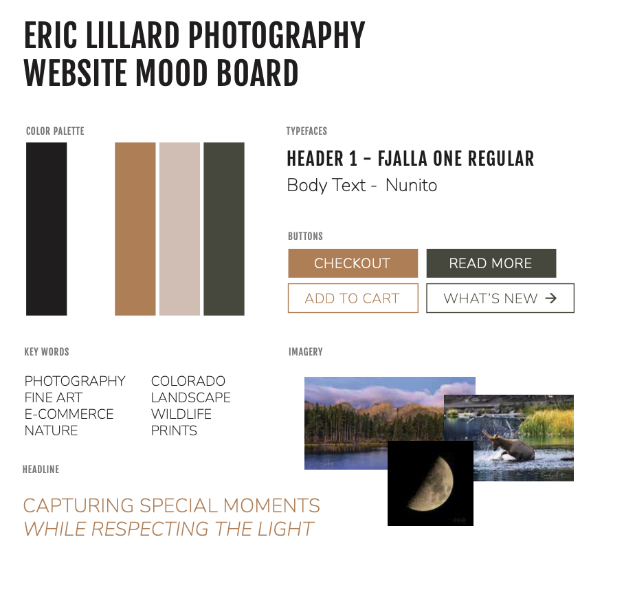   solution one  create a visual identity for Eric’s brand. his photography is natural and easy, soft on the eyes but powerful. with earth tones and rich neutrals, buttons and headlines on the site draw attention and conversions, while an impactful he