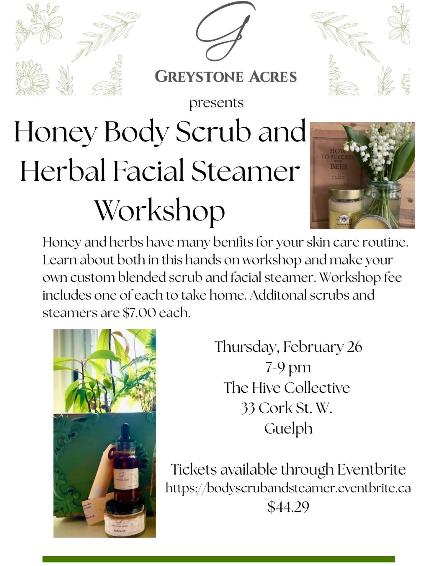 Come and hear about the many health and beauty benefits of honey in this workshop. Using honey and many herbal ingredients grown here in Elora. #honeybeauty #herbalbeauty #eloraevents