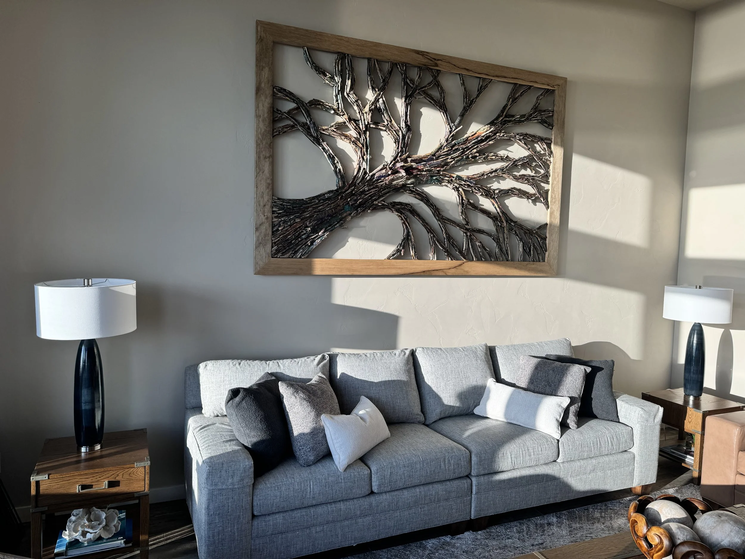 "Leaning Tree" | 8' x 5' | Driftwood and resin framed in limba wood | Private collection