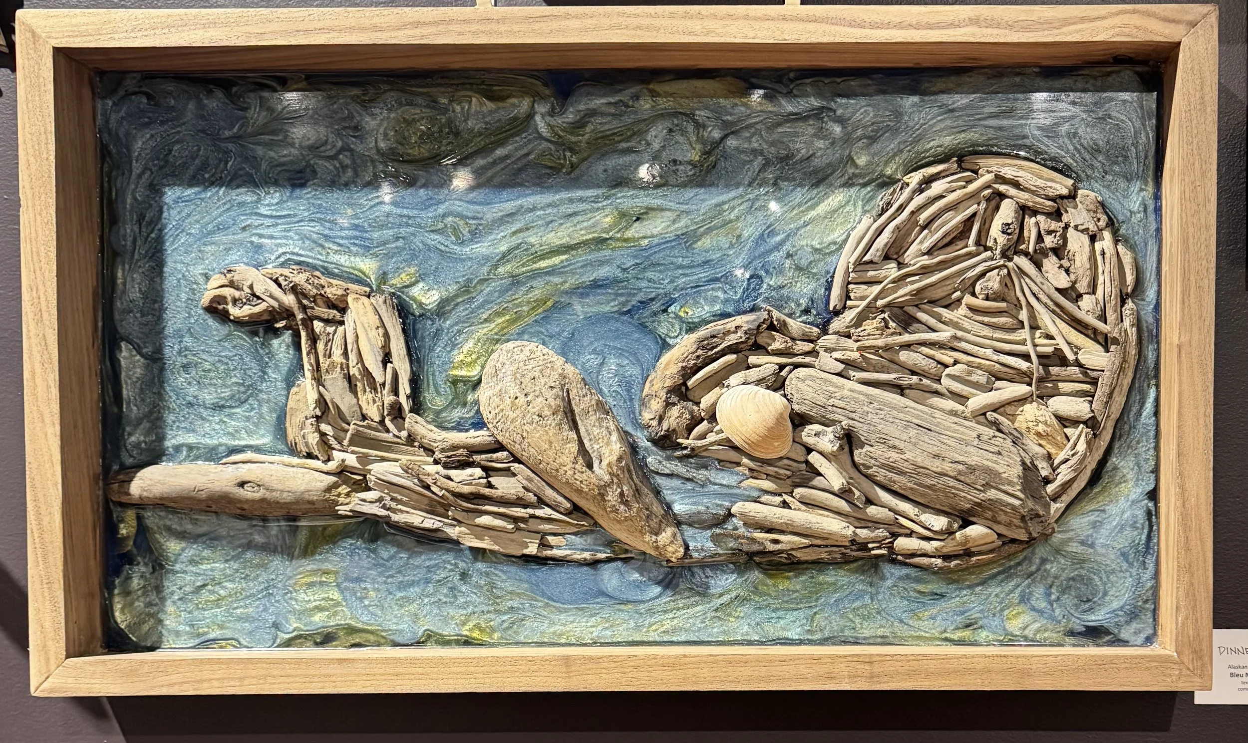 "Dinnertime" | Alaskan driftwood and resin, framed in walnut, with found seashell | 29" x 17" | $800
