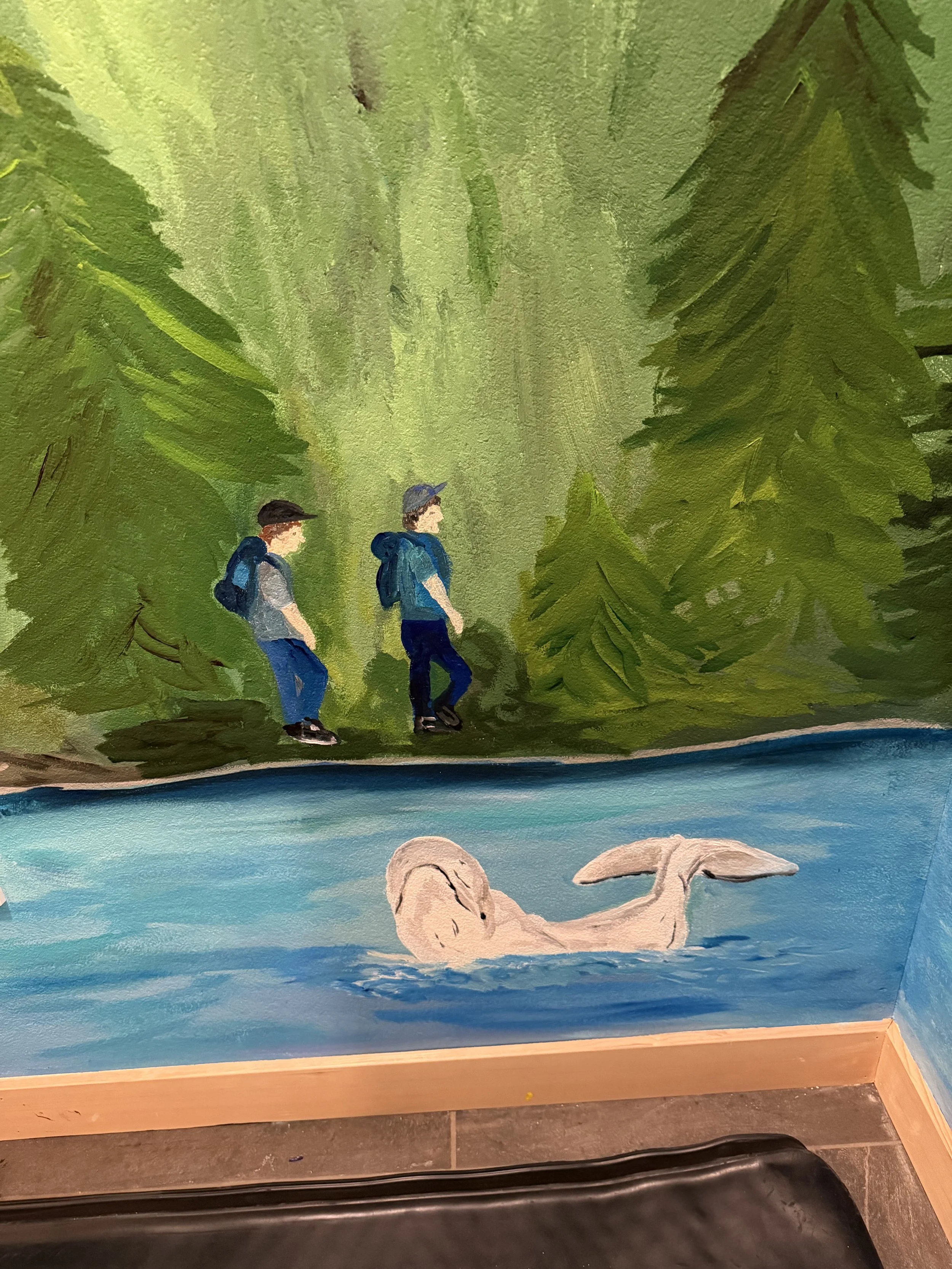 Whimsical mural created for a beautiful Airbnb in Girdwood, blending my landscape style with the client's favorite things about Girdwood.  