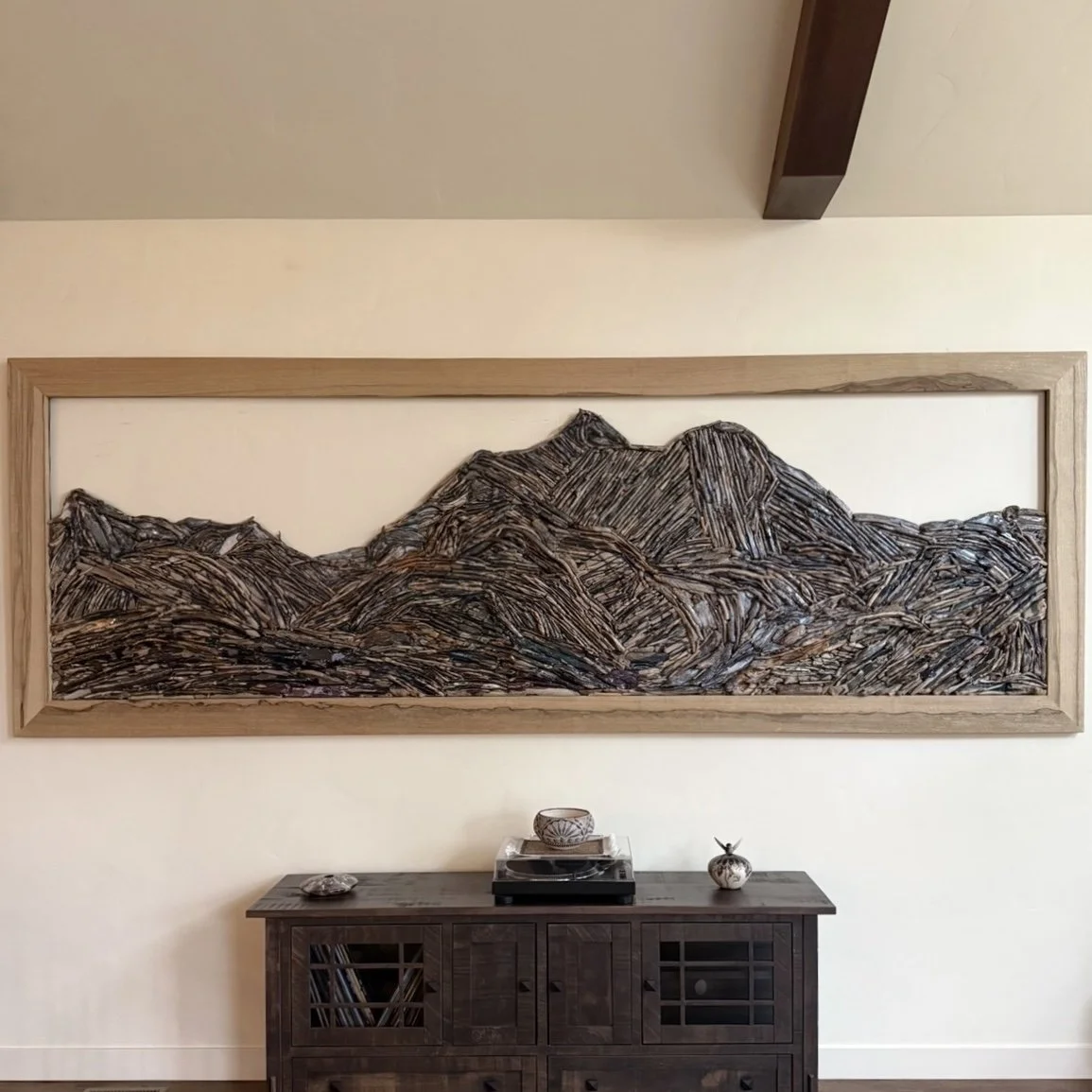 "Alaska Range" | Driftwood and resin framed in Limba Wood | 12' x 4' | Private collection