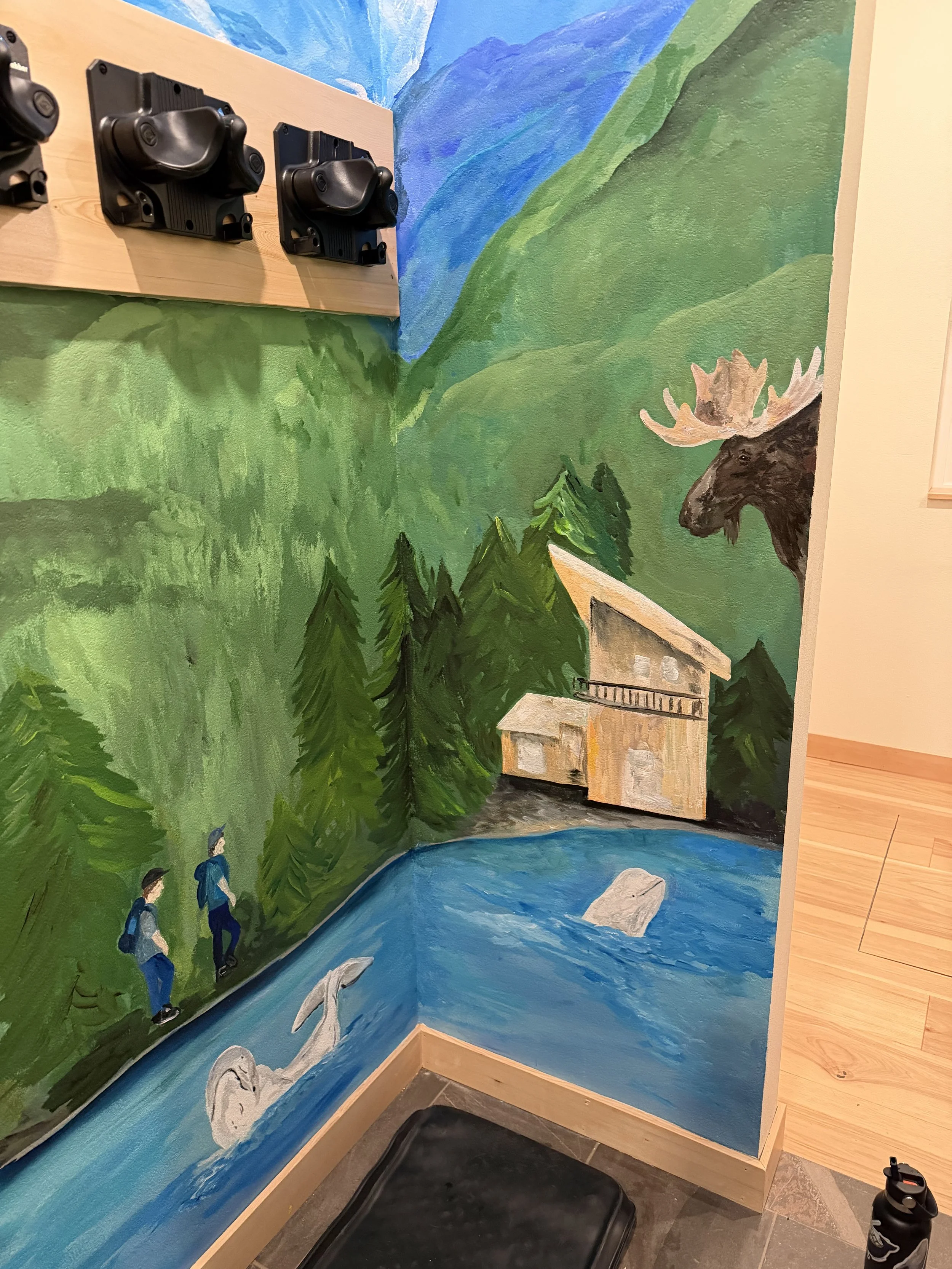 Whimsical mural created for a beautiful Airbnb in Girdwood, blending my landscape style with the client's favorite things about Girdwood.  