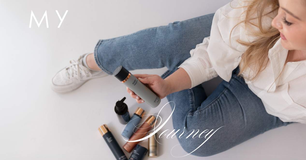 A woman sitting on the floor holding a skincare bottle surrounded by various skincare products, with the word 'Journey' written in cursive and part of the word 'My' in the top left corner.