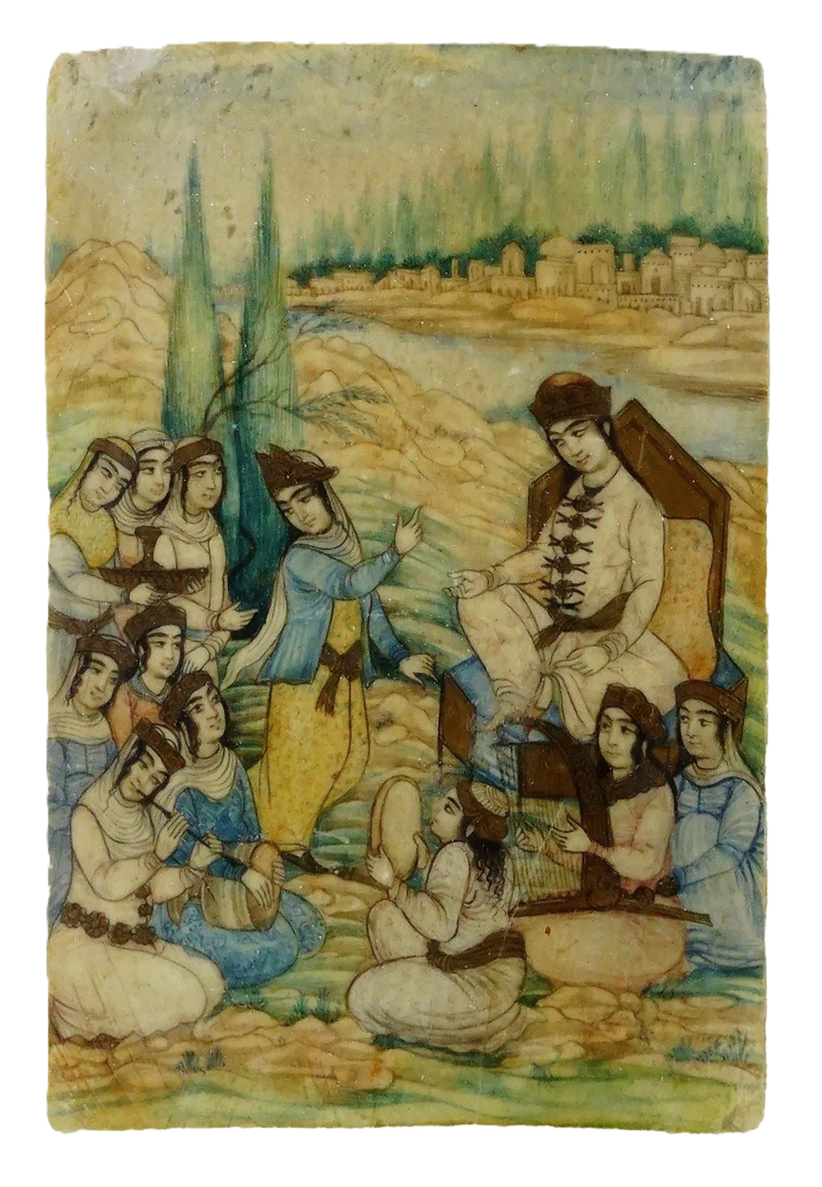 A historic painting depicting a group of people, mostly women, gathered around a seated man wearing traditional clothing, with a landscape of hills, trees, and a city in the background.