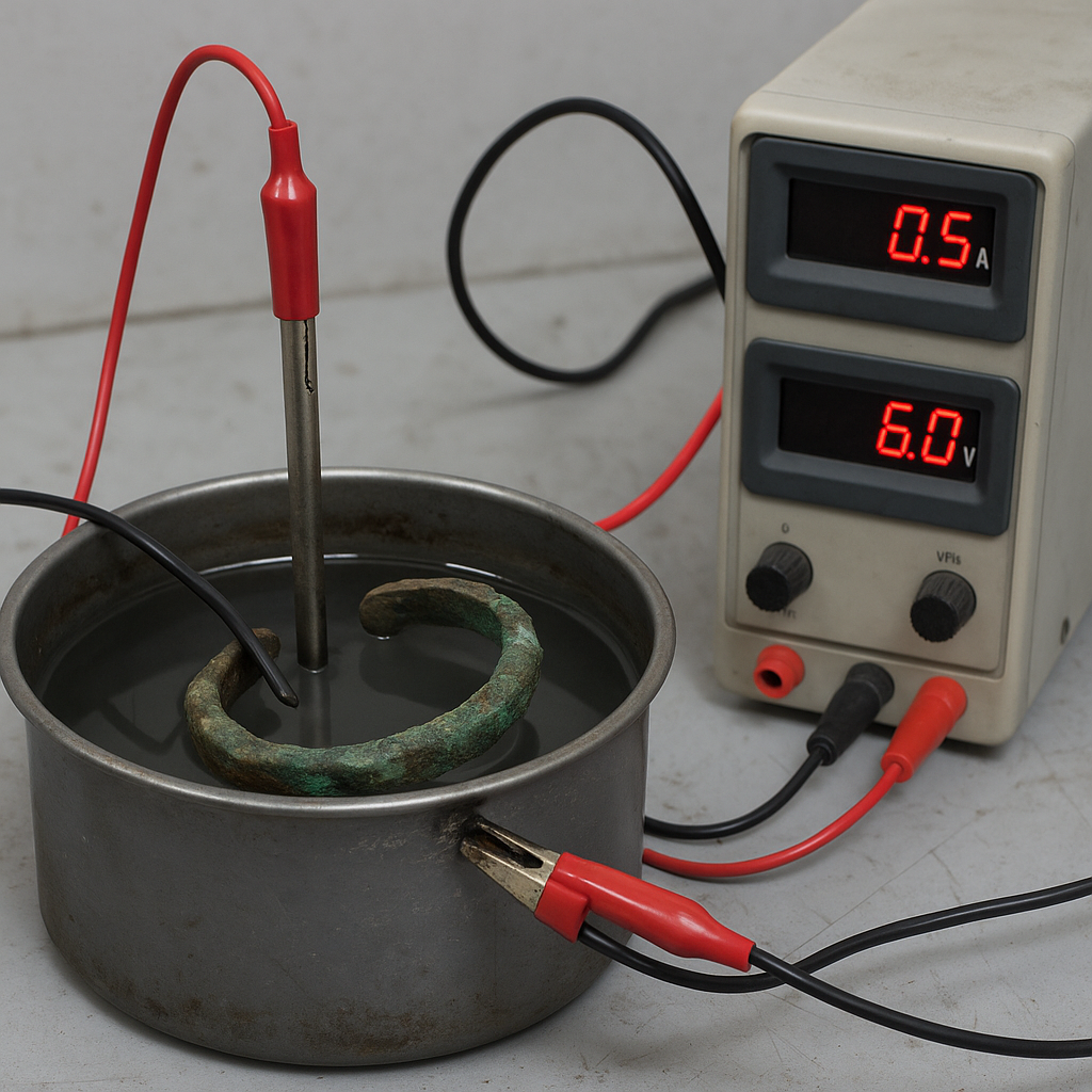 A scientific experiment shows a corroded metal object submerged in water within a metal container. A thermometer probe is inserted into the water, and a power supply provides 6.0 volts and 0.5 amperes, connected with red and black wires.
