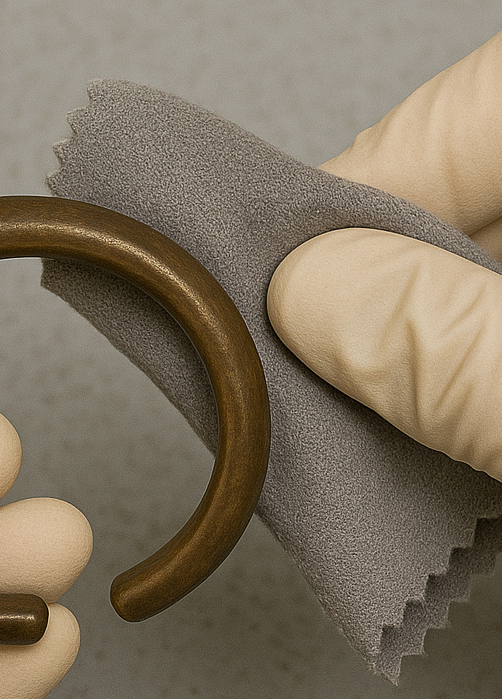 Close-up of a person polishing a brass handrail with a gray cloth, wearing beige gloves.