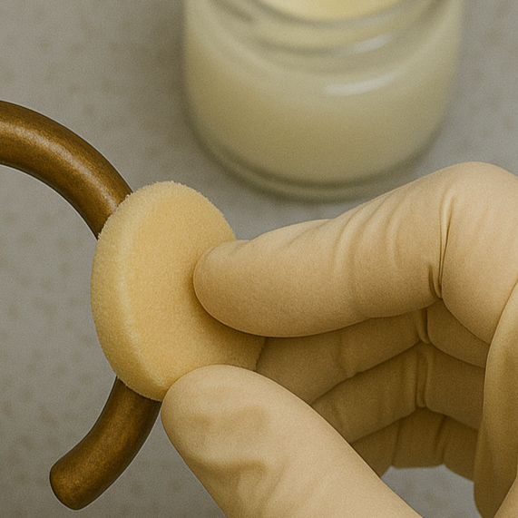 Someone wearing a latex glove is holding a small, round, sponge applicator, and applying a cream or moisturizer to a curved, brown handle or object. A jar of cream or moisturizer is in the background.