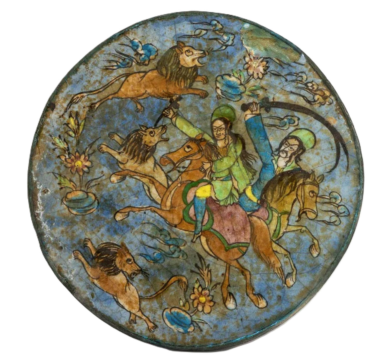 A circular traditional painting depicting a scene with two armored men on horseback, surrounded by lions and flowers.