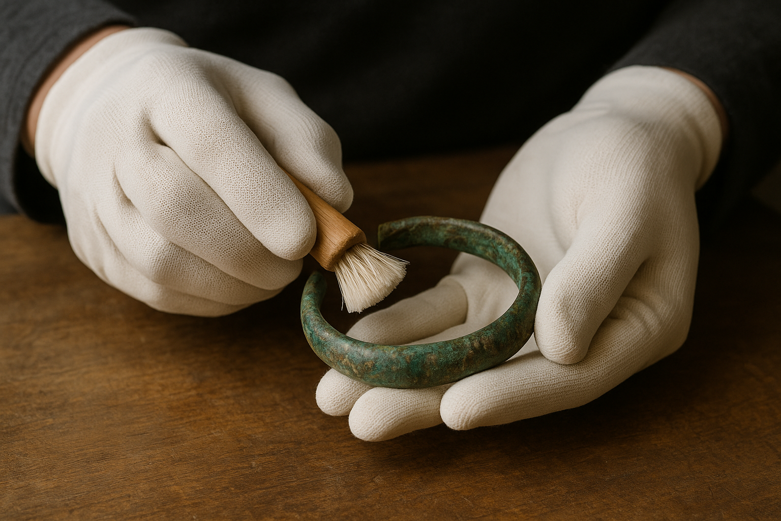 A person wearing white gloves is cleaning an ancient, greenish bronze bracelet with a small brush.