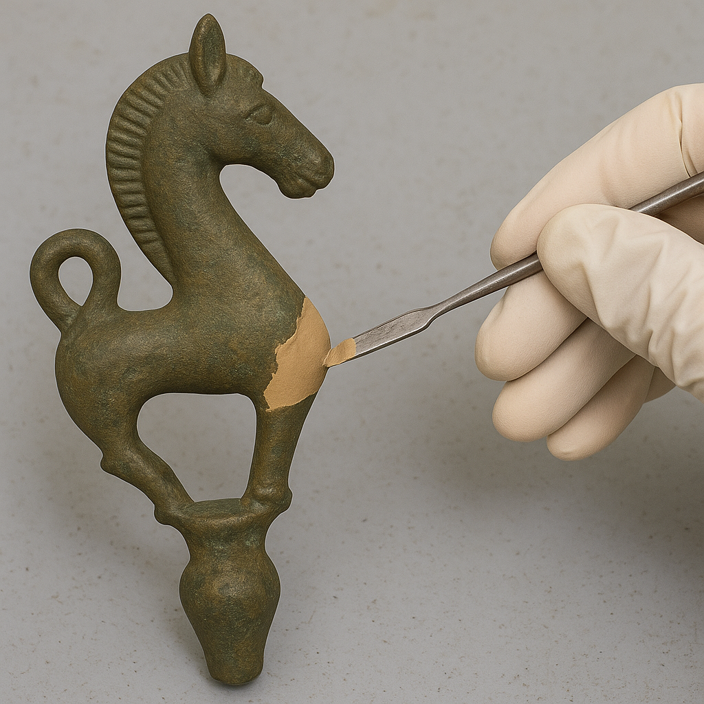 A gloved hand is using a small metal tool to restore or clean an ancient bronze horse figurine.