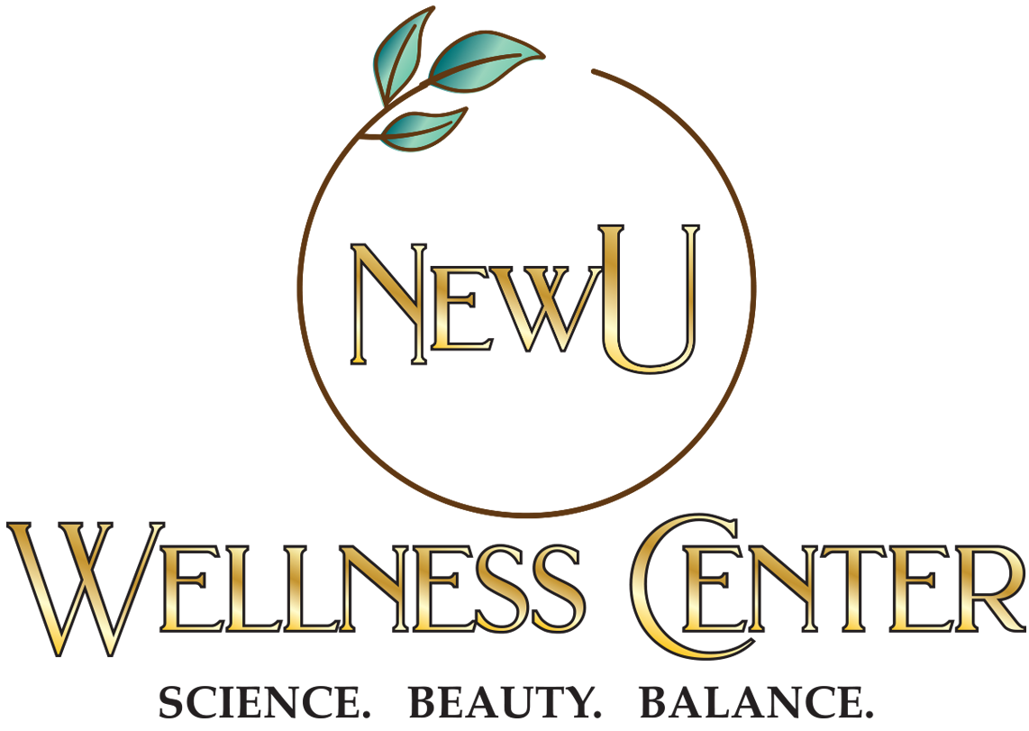 Logo for Newu Wellness Center with a hexagonal design, leaves at the top, and text "Newu" inside the hexagon, and "Wellness Center" below in gold lettering.
