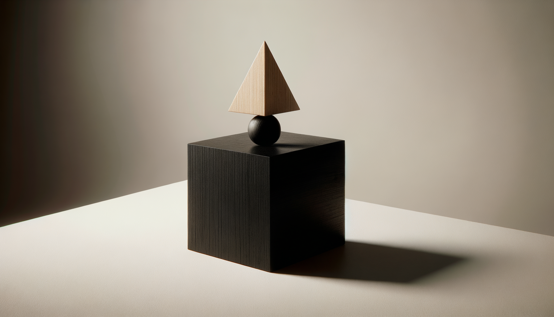 Minimalist sculpture with a black cube base, black sphere, and wooden pyramid on top, illuminated by soft lighting.