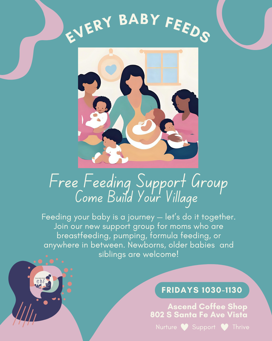 Flyer advertising a free breastfeeding support group meeting at Ascend Coffee Shop on Santa Fe Ave, featuring illustrations of a woman breastfeeding surrounded by other women and babies.