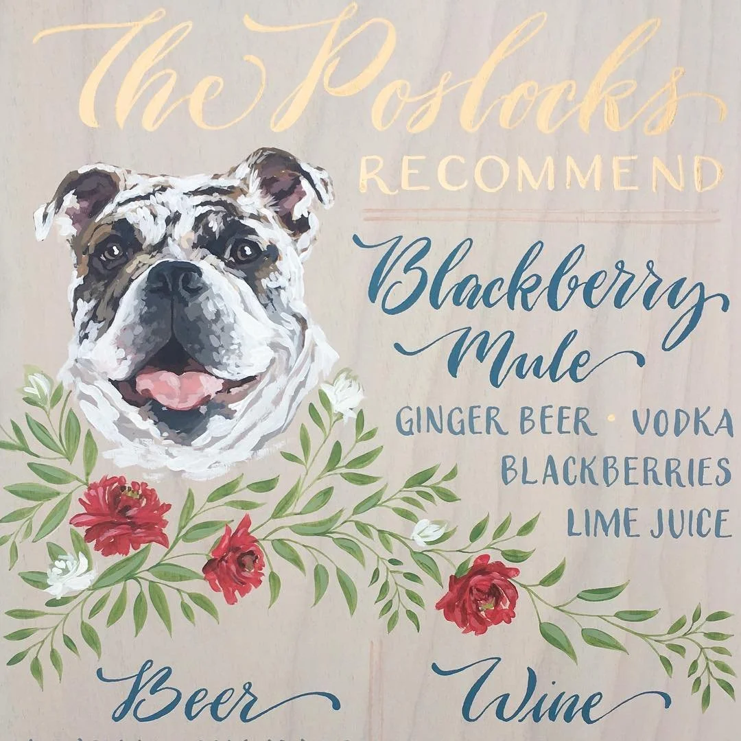 I had the pleasure of painting two of these pup signs featuring Paisley! I love #englishbulldogs. I mean, look at that adorable face!! Have an amazing wedding day Christian and @kimg0ldberg !! #dogs #handlettering #wedding #florida #flowers #cocktail