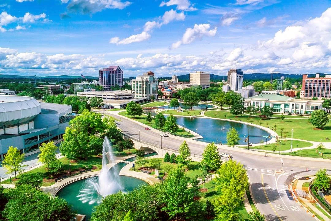 Aerial view of downtown Huntsville, AL where Downtown Therapy Associates in located.