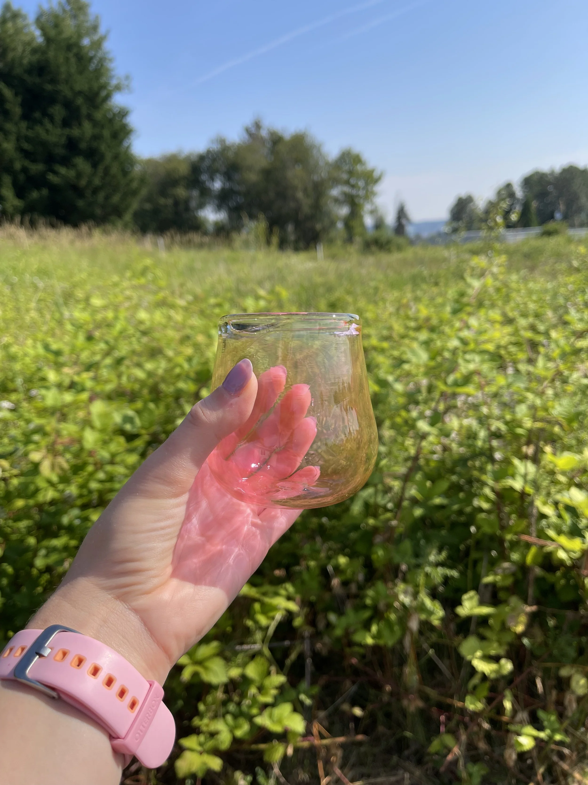 Hand holding a pink-tinted transparent glass with a background of green fields and trees under a clear blue sky.