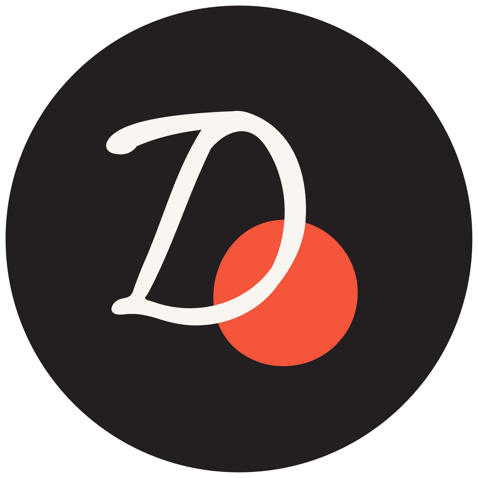 Logo icon with hand drawn "D" and a vermillion circle on a charcoal circular background
