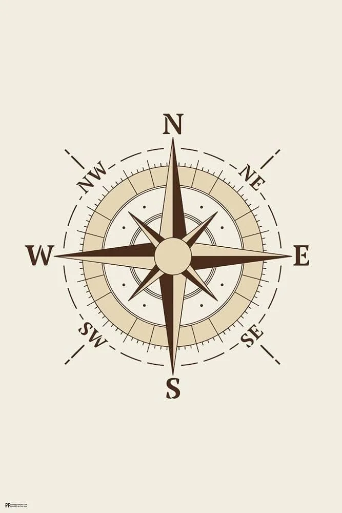 A compass rose with cardinal directions N, E, S, W and intermediate directions NE, NW, SE, SW, in brown and beige tones.