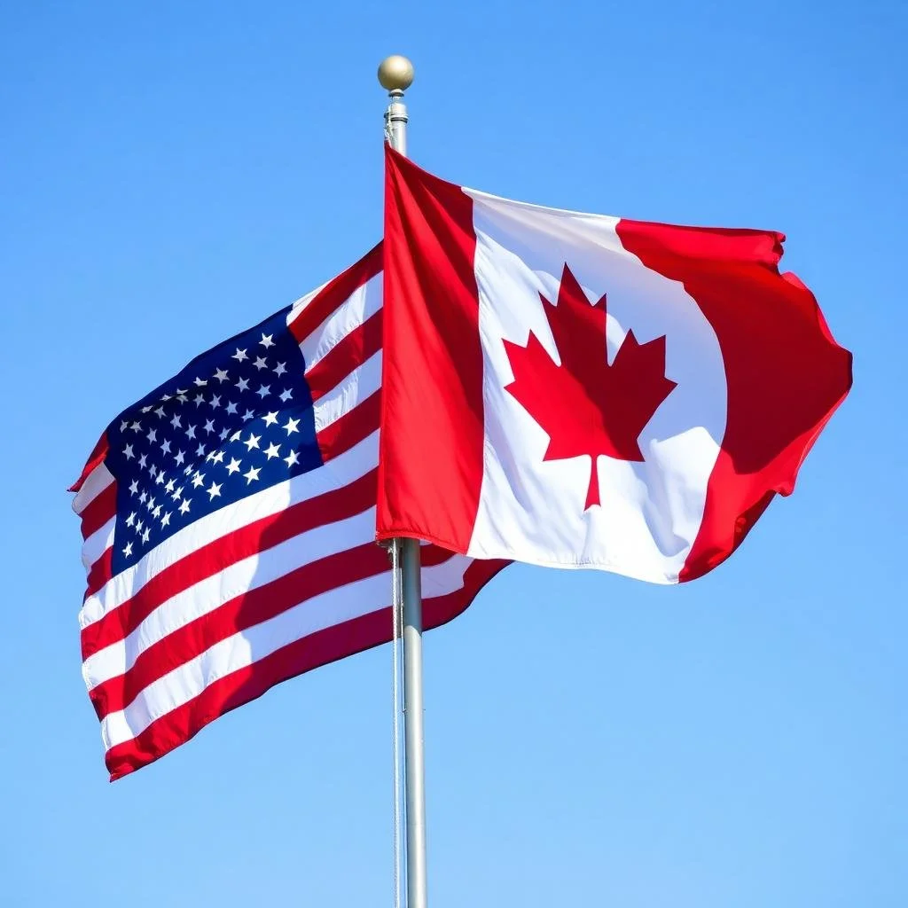 The American flag and the Canadian flag flying side by side against a clear blue sky.