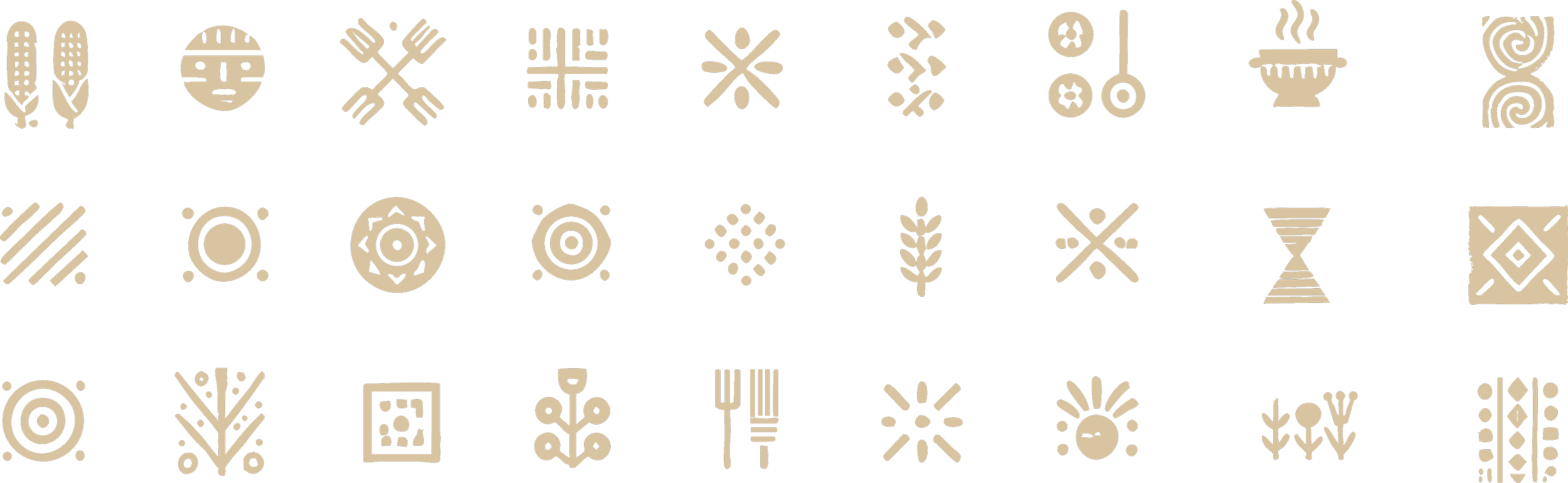 Black background with beige tribal or ethnic symbols arranged in four rows.