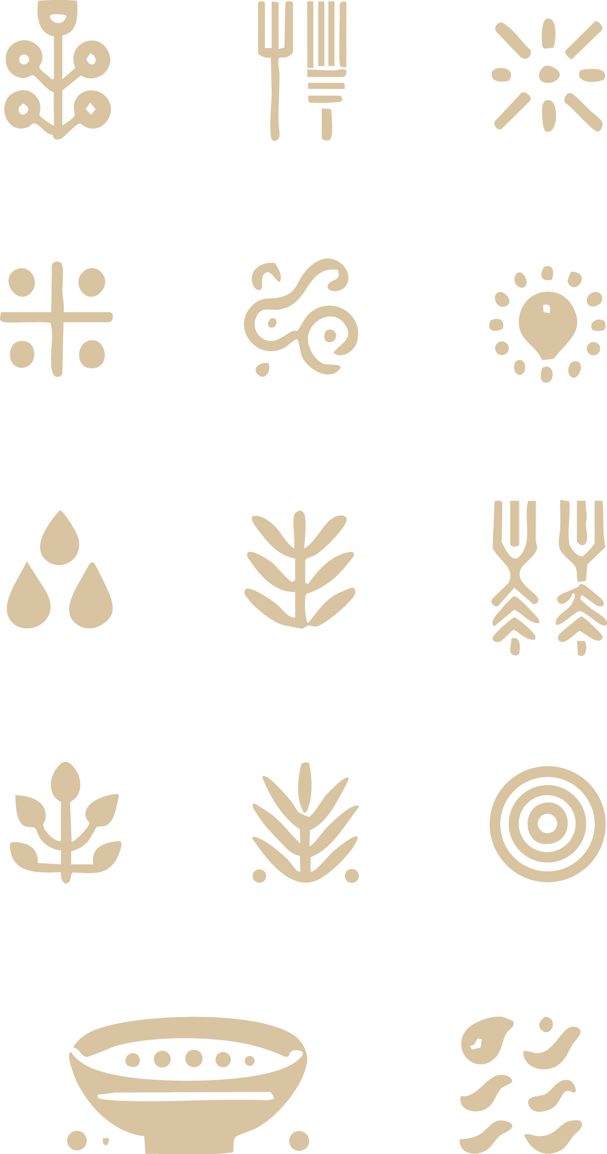 Collection of twelve beige tribal or folk art symbols arranged in a grid on a black background.