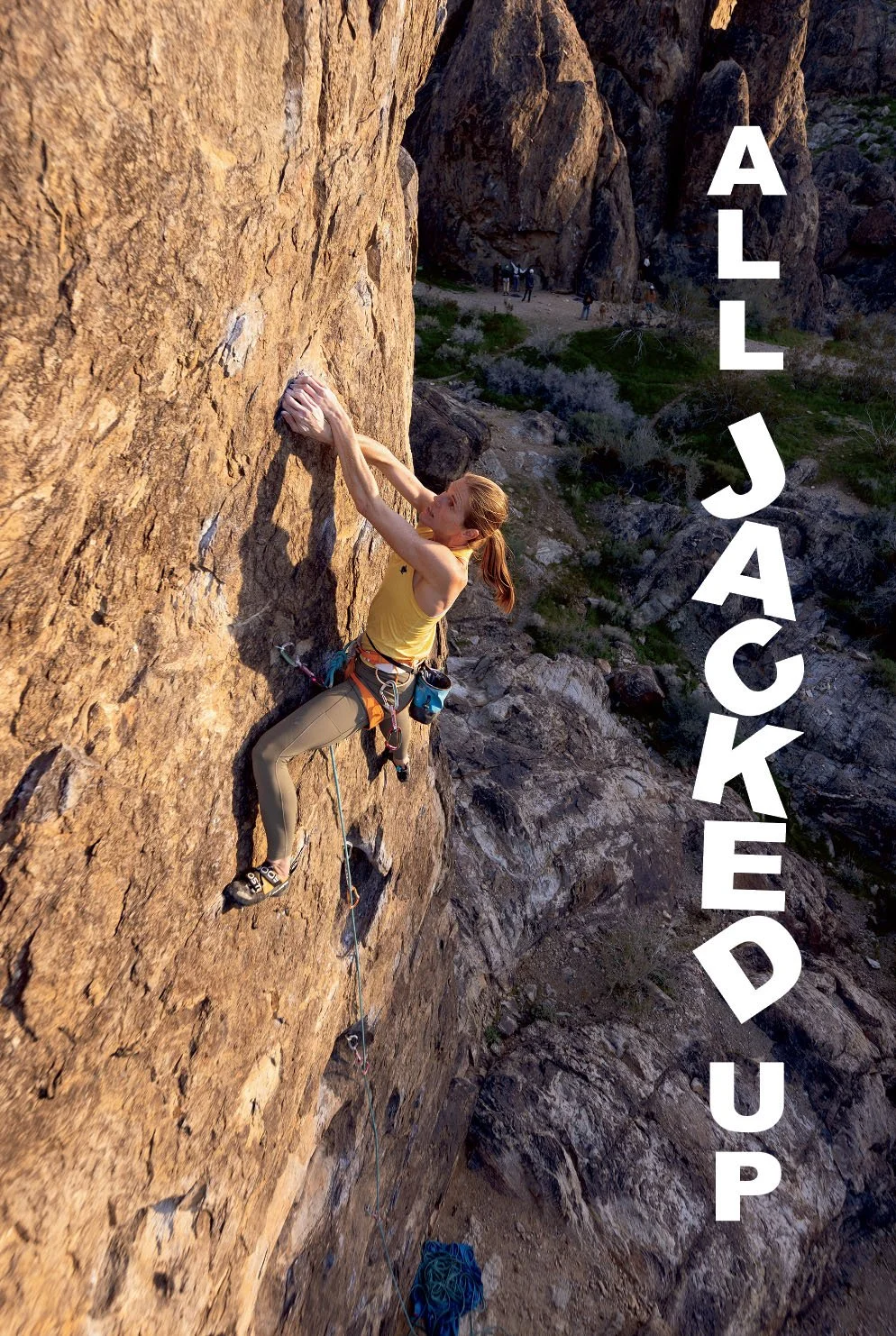A woman rock climbing on a vertical cliff face with the words 'ALL JACKET UP' written vertically on the right side.
