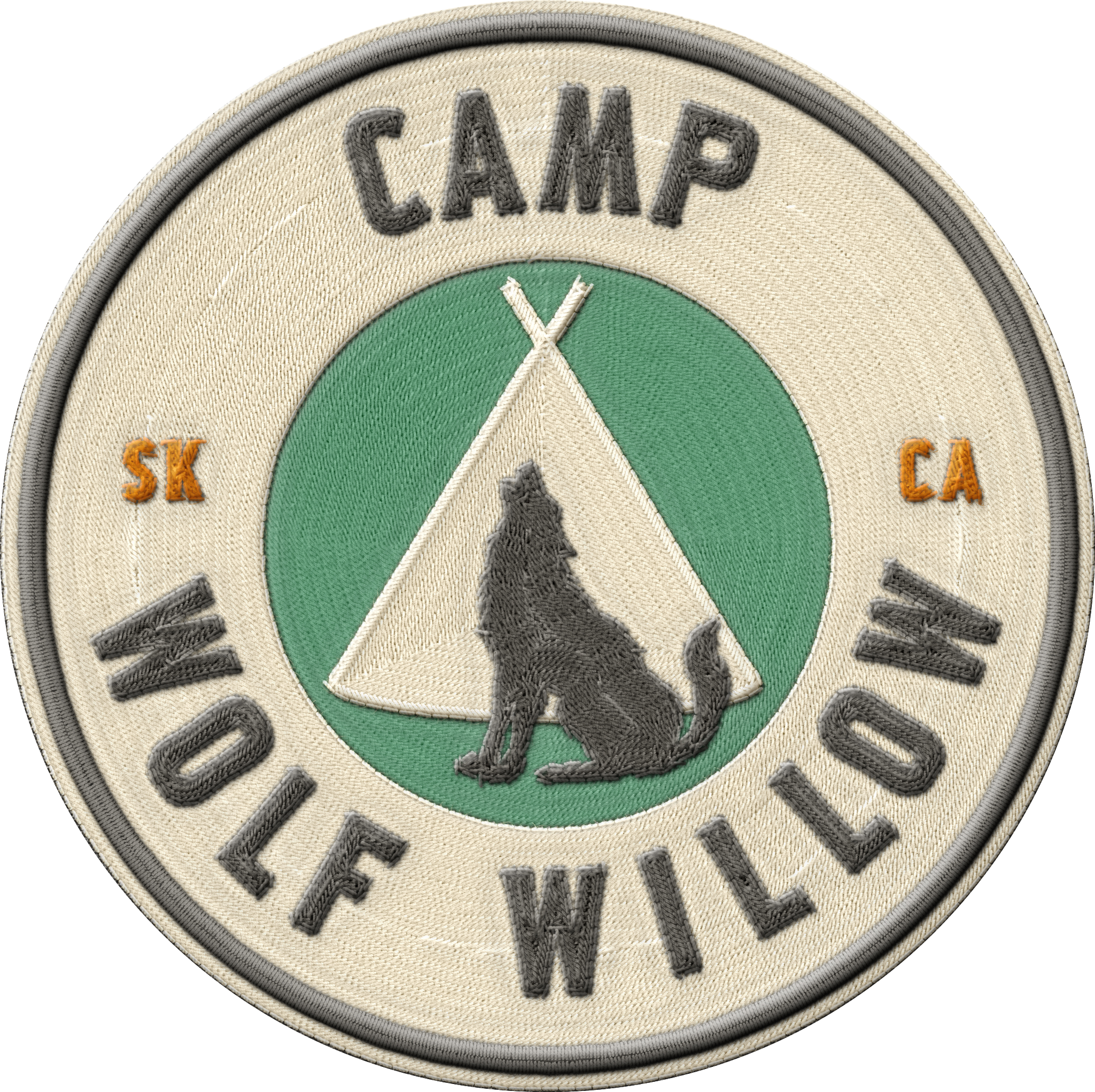 A round embroidered patch with the words 'CAMP WOLF how' around the edge, a green circle in the center, and a black wolf silhouette sitting in front of a beige tent and crossed white tent poles.