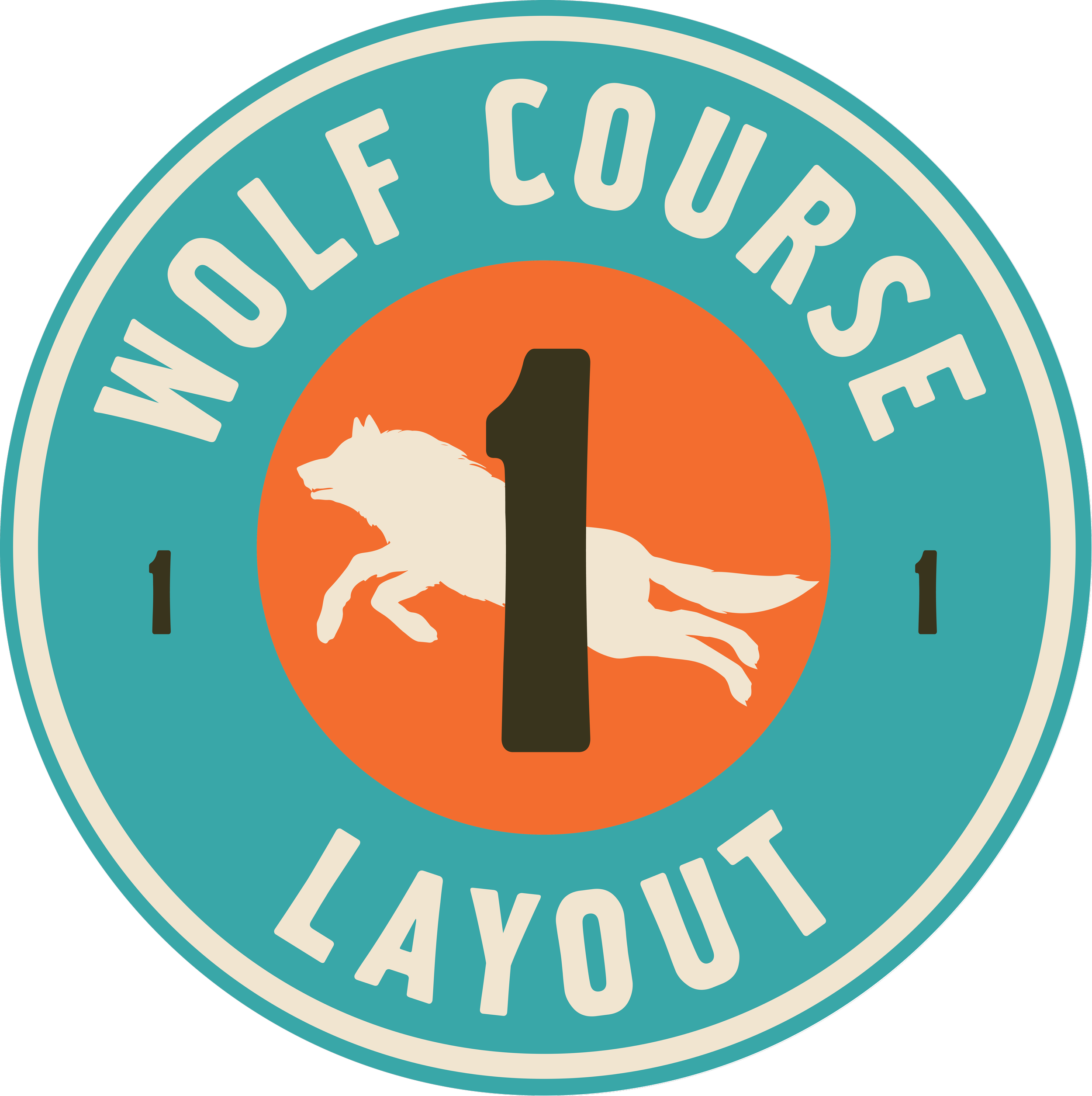A circular logo with a teal outer ring and a smaller orange inner circle. The outer ring has the words 'WOLF COURSE LAYOUT' at the top and the number '1' on each side. Inside the inner circle, there is a silhouette of a running wolf in white, behind a large black number '1'.