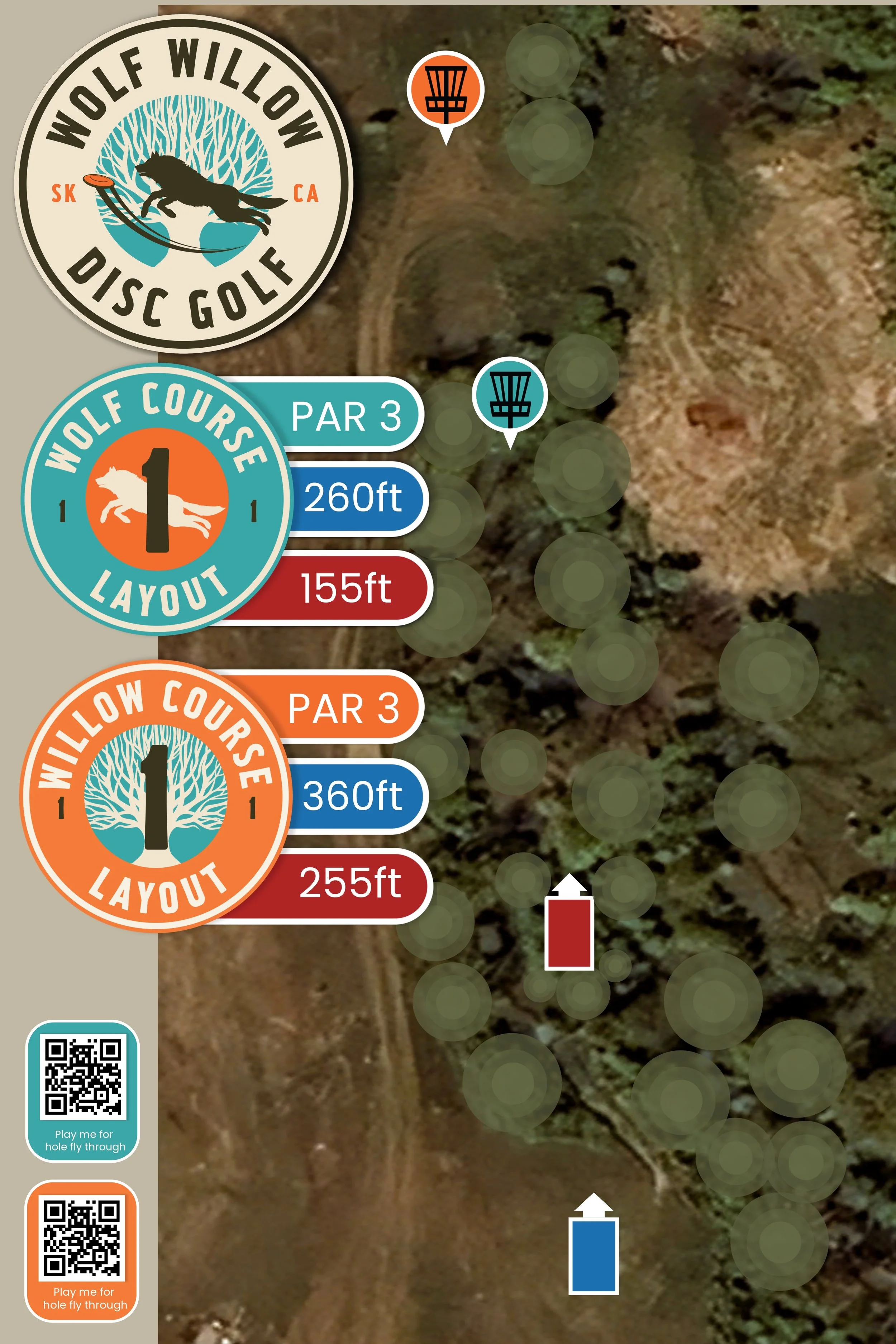 Map of Wolf Willow disc golf course with hole layout, distances, and tee pad locations. Two tee options for each hole, color-coded blue and orange, with respective distances and par details.