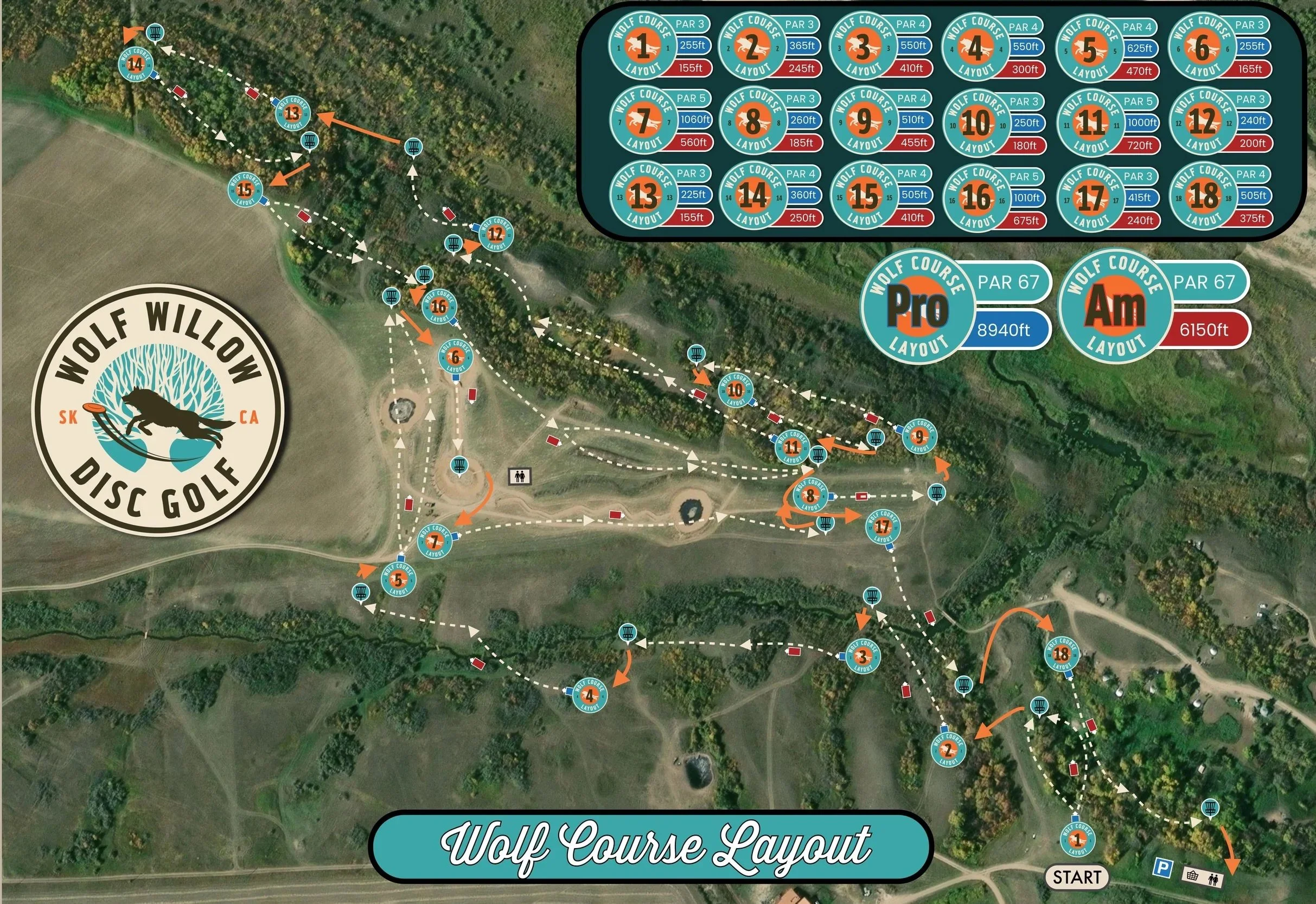 Map of Wolf Willows Disc Golf course layout showing numbered holes, pathways, and surrounding terrain.