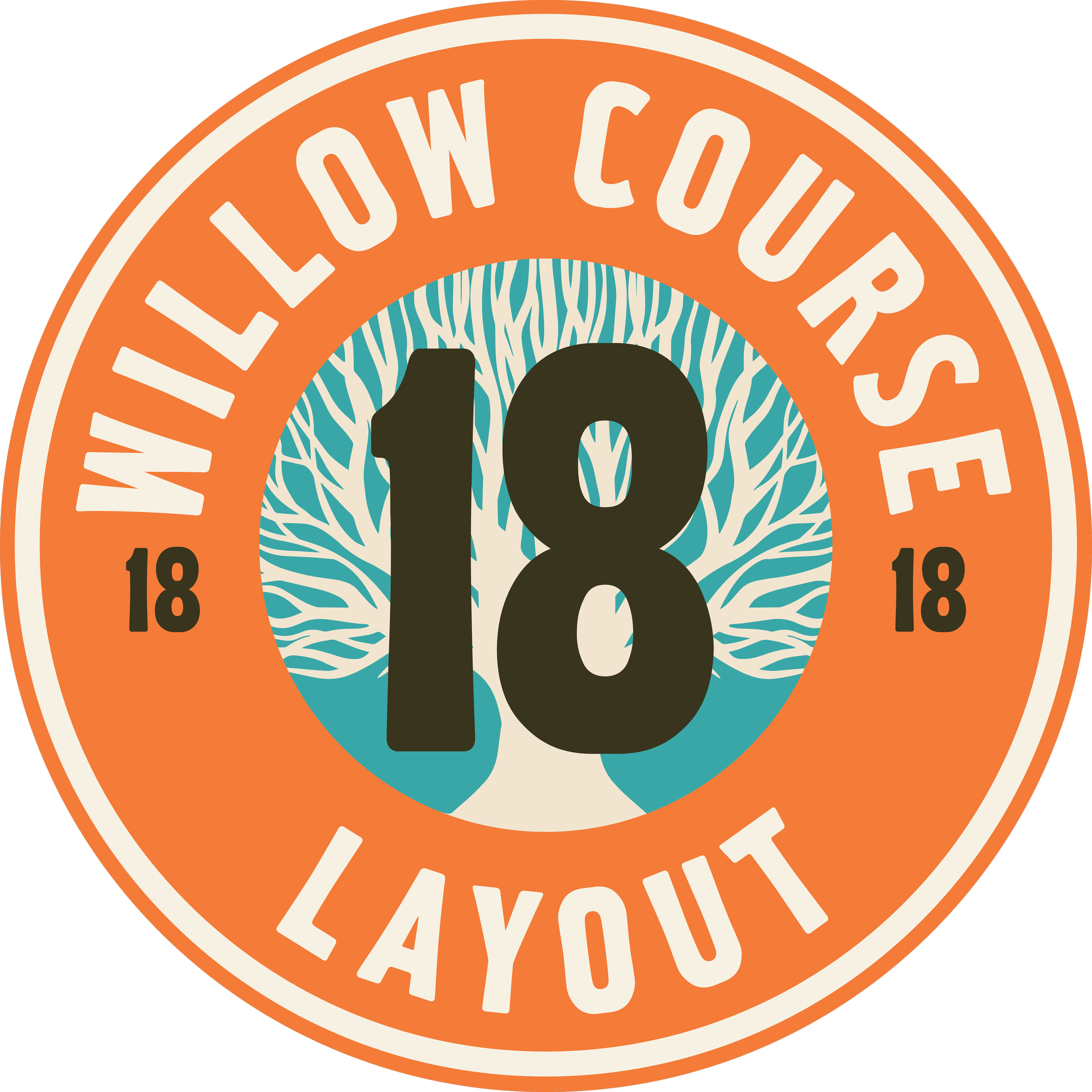 A circular sticker with an orange background, white text, and a stylized tree in the center. The text reads 'Willow Course 18 Layout' with the number 18 prominently in the middle, surrounded by the outer text.
