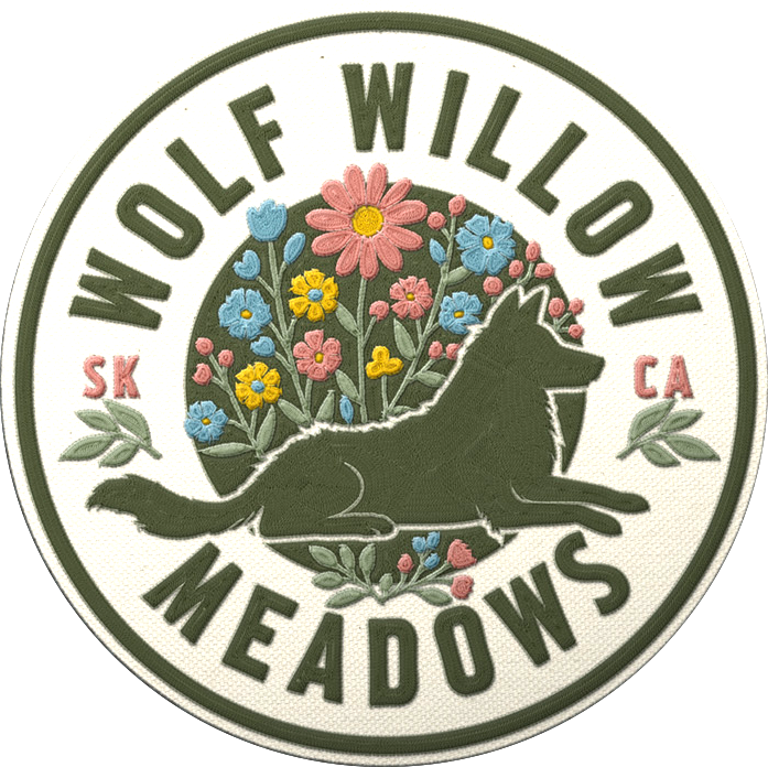 Circular embroidered patch with a black silhouette of a howling wolf in front of colorful flowers. Text reads 'Wolf Willows Meadows', with 'SK' on the left and 'CA' on the right.