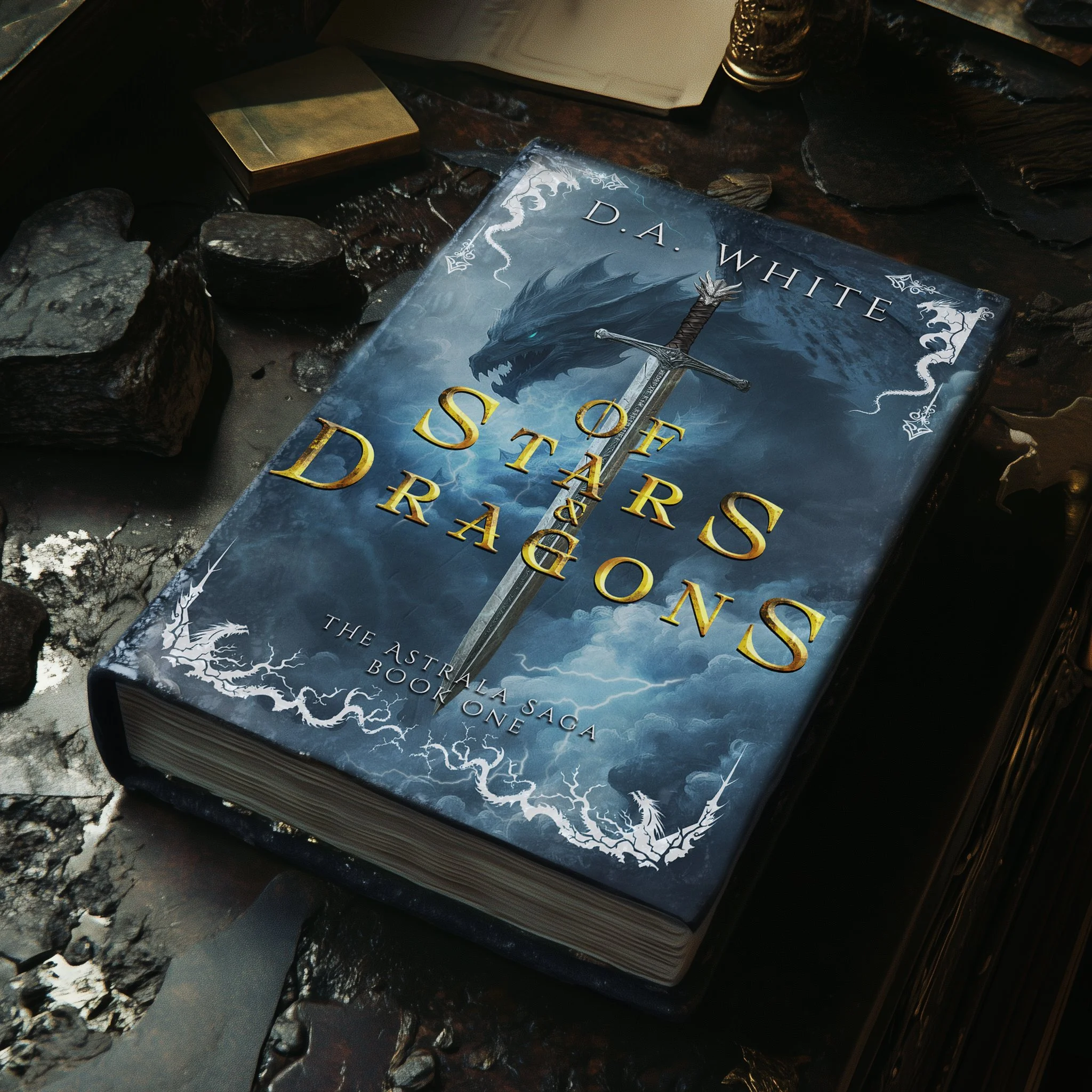 The hardcover book titled 'Of Stars and Dragons' by D.A. White, part of The Astrala Saga, book one, with a cover illustration of a dragon's head, a sword, and stormy clouds.