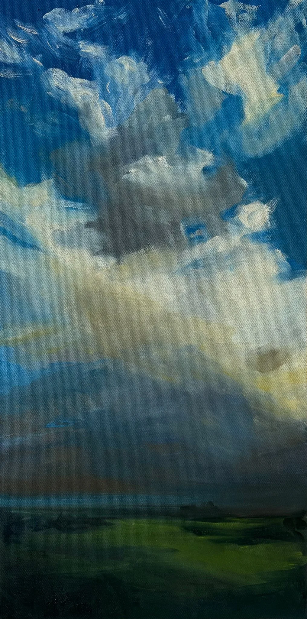 Monica Guillory: A landscape painting of a cloudy sky over green fields, with a dark storm cloud at the center and patches of lighter clouds and blue sky.