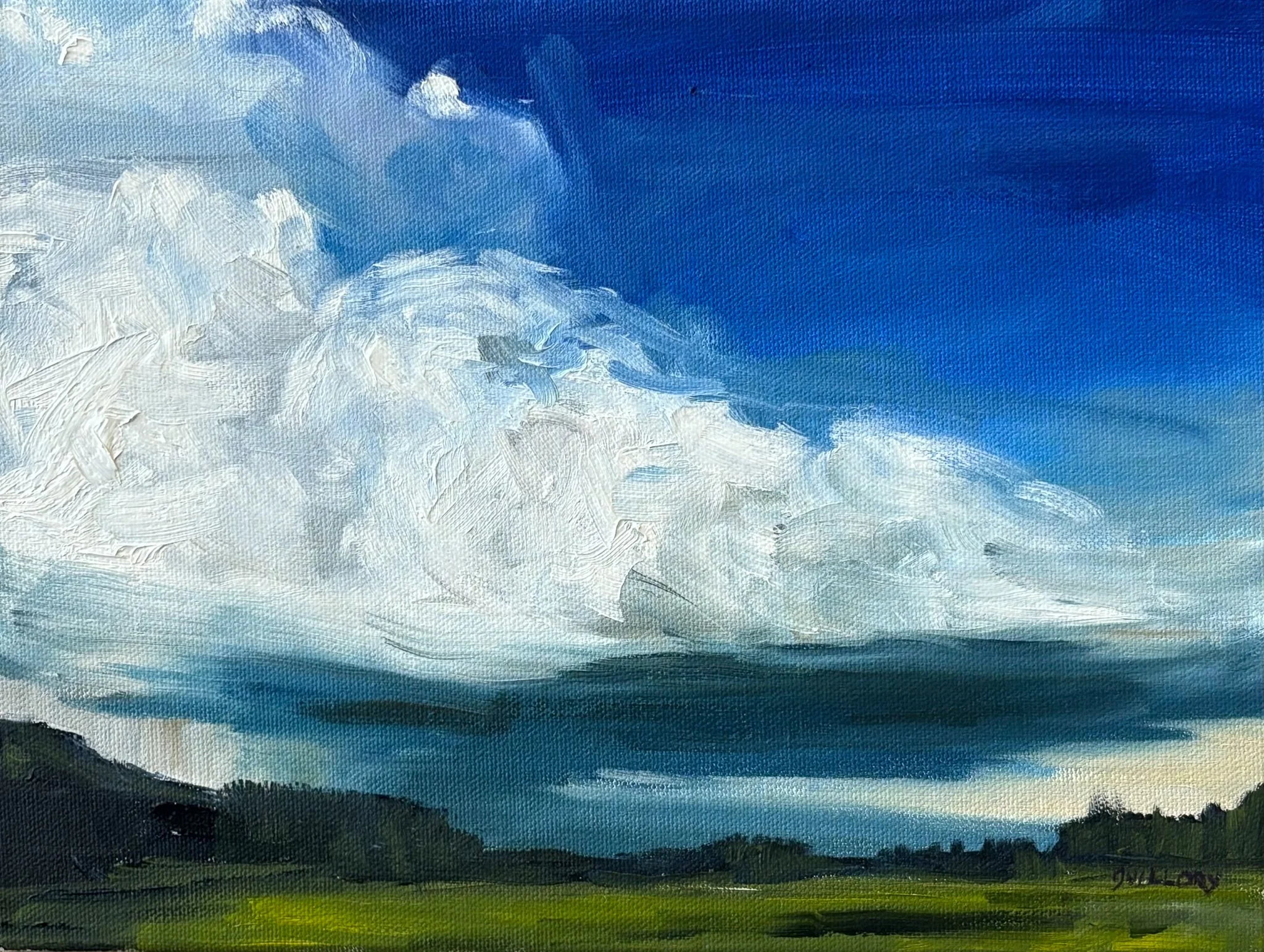 Monica Guillory: A landscape painting depicting a vast sky with clouds and patches of blue, hovering over a green field with trees and hills in the distance.