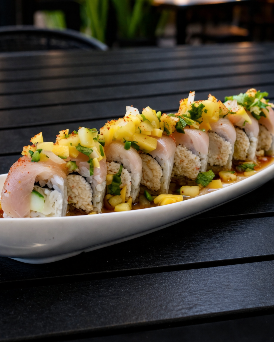 Bikini Bottom - $19.95
INSIDE: Crab, Avocado, Cucumber
OUTSIDE: Yellowtail, topped with Mango Pineapple Salsa, Yuzu Ponzu Sauce, and Tajin