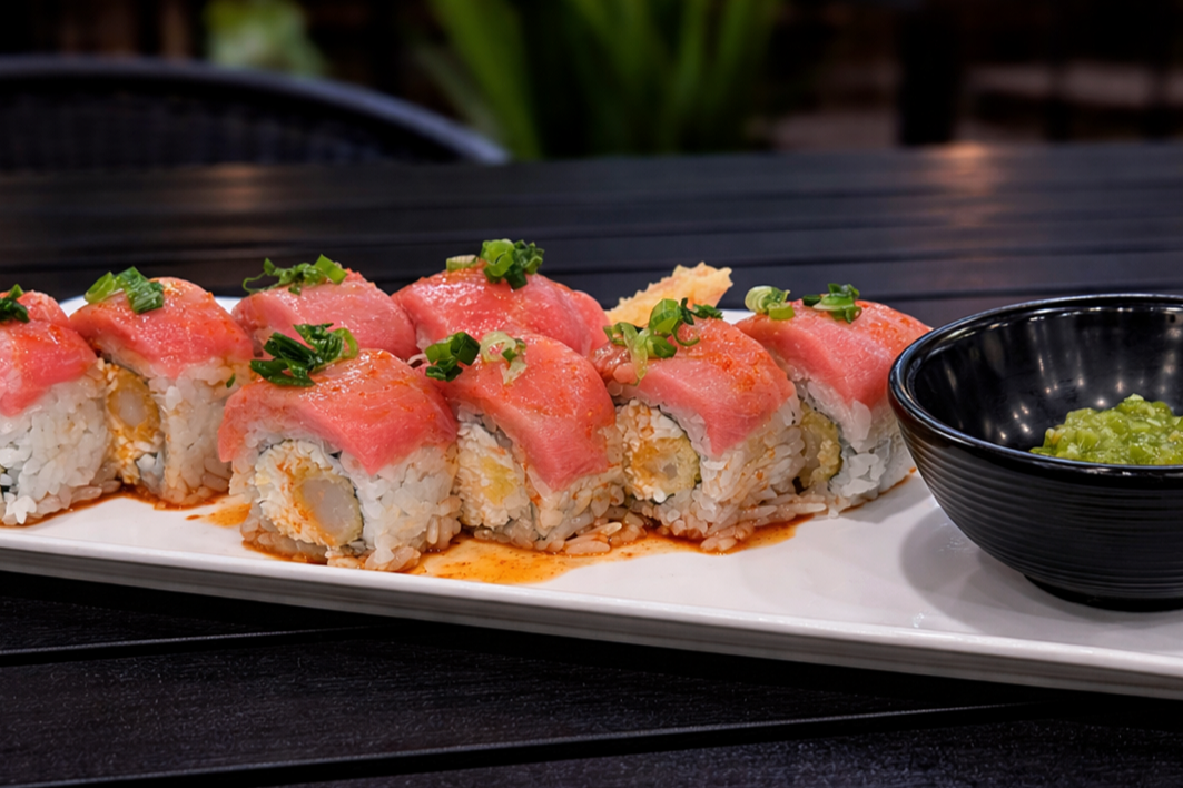El Chapo - $21.95
INSIDE: Crab & Shrimp Tempura
OUTSIDE: Bluefin, topped with Green Onion, Spicy Ponzu with a side of Fresh Wasabi