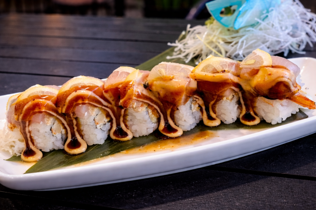 Samurai - $17.95
INSIDE: Soft Shell Crab and Shrimp Tempura
OUTSIDE: Soft Shell Crab and Yellowtail, topped with Sliced Lemons, Spicy Mayo & Eel Sauce