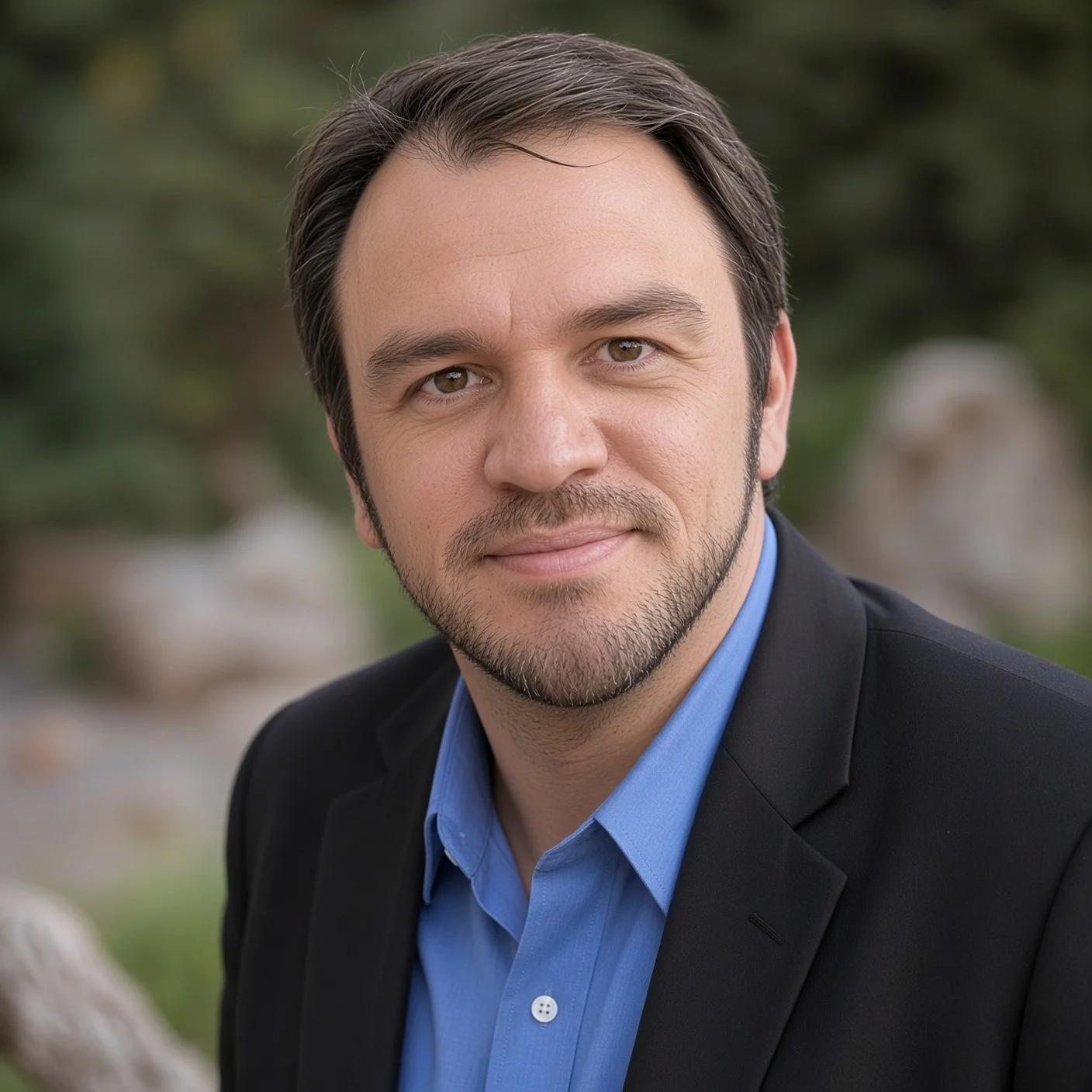 Close-up of a man with brown hair, brown eyes, and a light beard, wearing a black blazer and a blue shirt, outdoors with greenery in the background.
