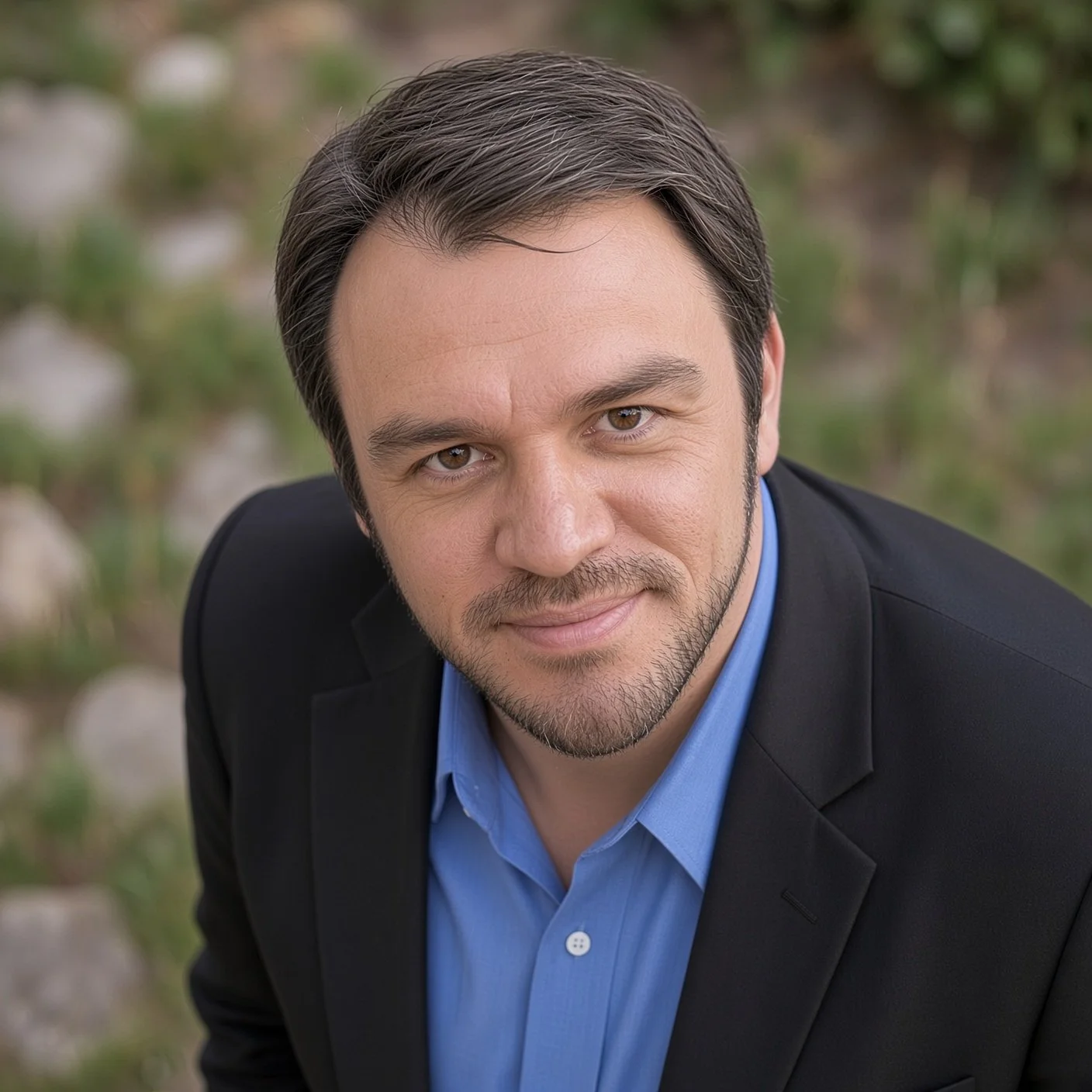 Man with dark hair, brown eyes, a light beard, dressed in a black suit and blue shirt, outdoors with blurred greenery in the background.