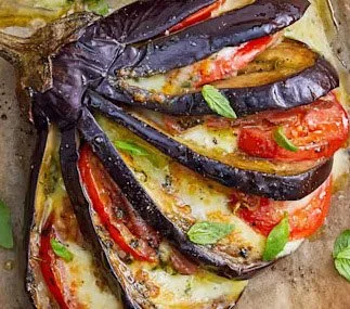 Eggplant, Tomato, Prosciutto and Mozzarella Fan