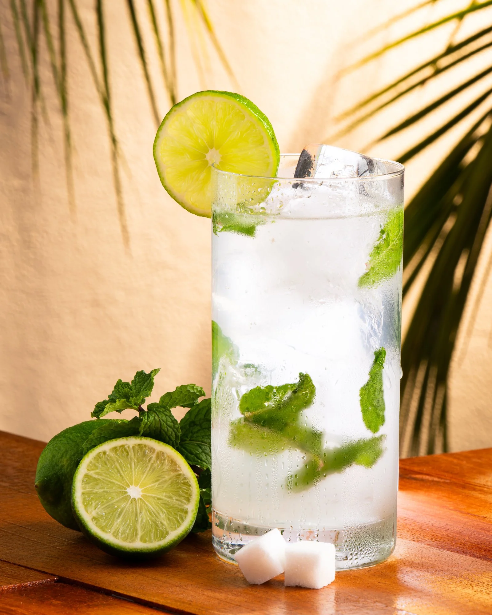 Mojito cocktail with lime, mint, and ice in a clear glass.