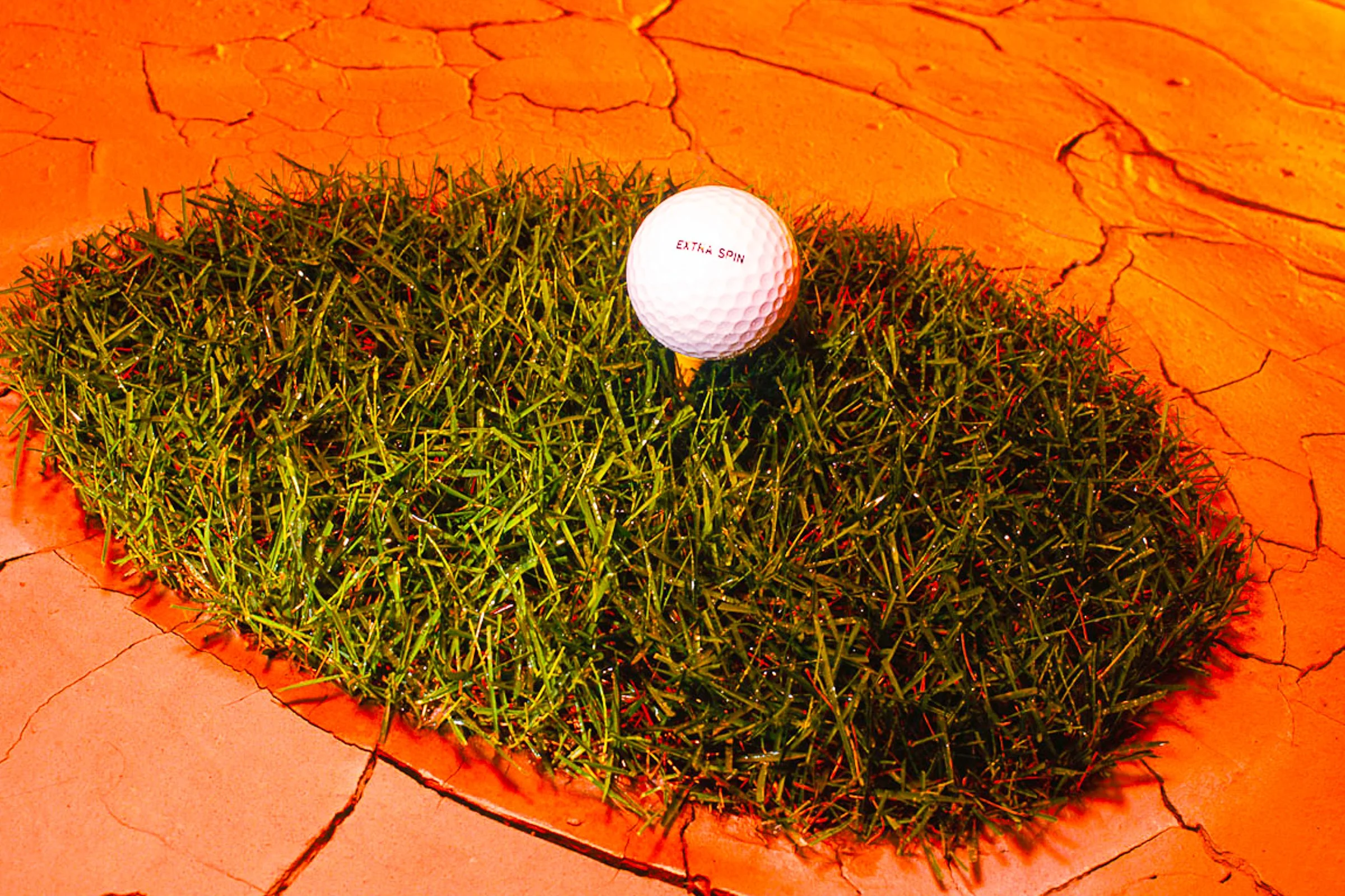 Golf ball photographed on grass beside dry cracked earth.