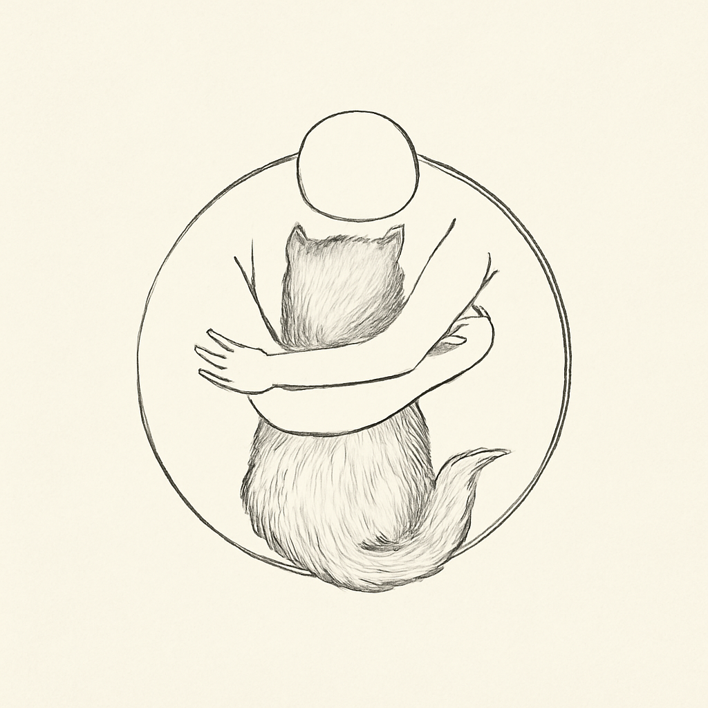 A simple line drawing of a person hugging a fox inside a circle.