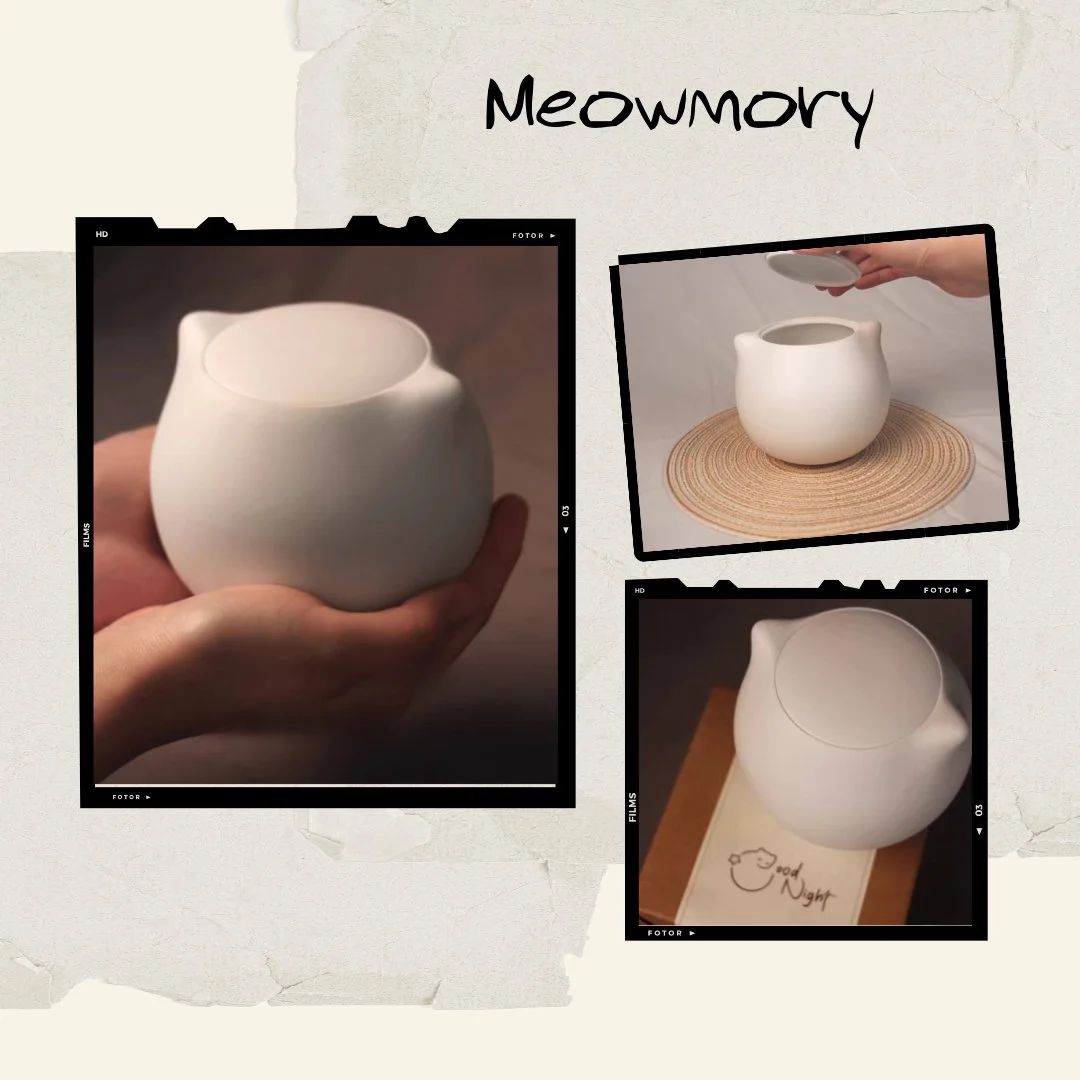 Collage of photos of a white ceramic plant pot with a rounded shape, taken from different angles. The collage is titled "Meowmory" and features a background resembling torn paper.