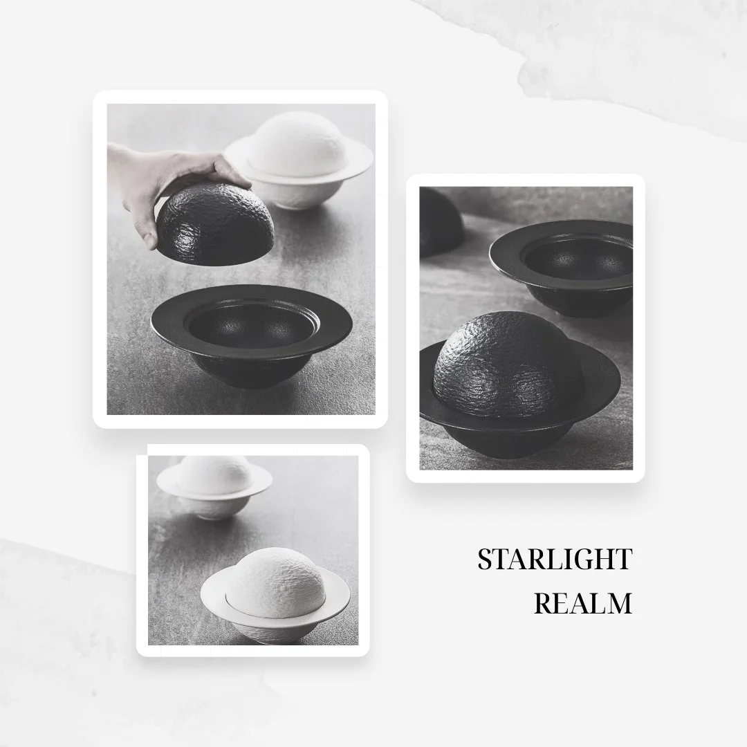 Black and white photos of two halves of a coconut, one in a bowl and the other being held above the bowl, with the caption 'Starlight Realm'.
