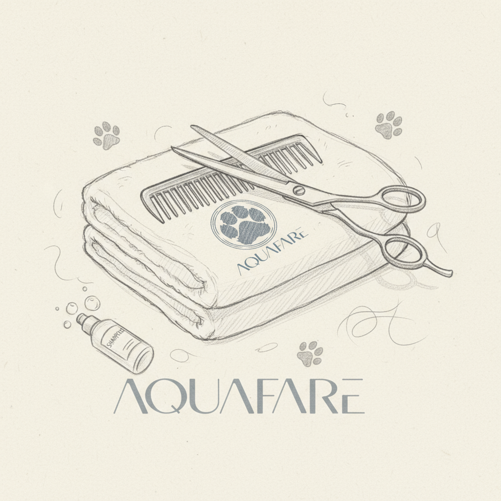 Sketch of pet grooming supplies including folded towel with paw print logo, scissors, brush, and a bottle labeled 'SHAMPOO.'